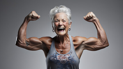 Old woman showing muscle on a white background, strong woman. - obrazy, fototapety, plakaty
