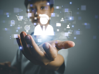 Businessman technology connection data digital on internet, Businessman showing business or marketing strategy connection Goals for success based on future technology