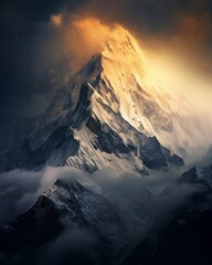 Beautiful mountain top in himalayan art of  mystic symbolism, mountains wallpaper in dramatic atmospheric perspective  - obrazy, fototapety, plakaty