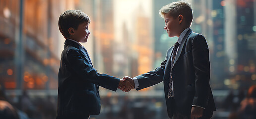 Two business kids shaking hands in front of office building.