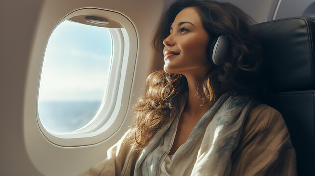 A Female Is Looking Out The Window Of A Airplane.