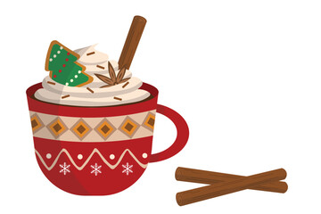 Vector Merry Christmas ornamental cute mug with hot cocoa or coffee, sweet cream, tree gingerbread cookie, candy cane, cinnamon stick and vanilla flower. Decorative holiday coffee cup with ornaments.