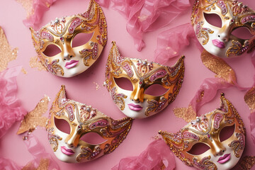 beautiful bedazzled carnival or masquerade ball gold and pink masks pattern on a pastel pink background