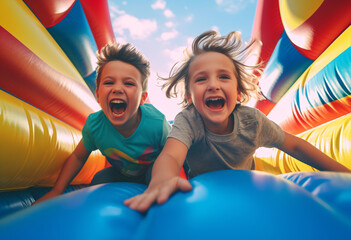 two kids on the inflatable bounce house, Capture the joyous energy of group of two Caucasian boys at playing bouncing and laughing in an inflatables bouncer castle - obrazy, fototapety, plakaty
