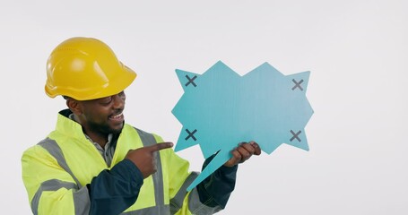 Speech bubble, construction and space with face of black man in studio for presentation, engineering or news. Architecture, information and mockup with portrait of person on white background for idea