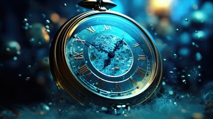 Dystopian clock submerged underwater, scenic scene with an aquatic theme, created with AI