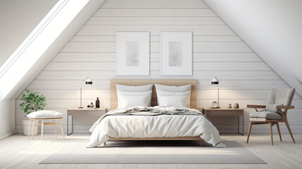 Fototapeta na wymiar White attic bedroom with a wooden ceiling white wall
