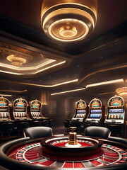 Casino roulette wheel and slot machines.