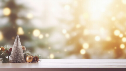 Wooden table and christmas tree with bokeh background.