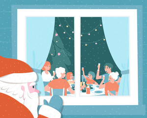 Santa Claus spies on how the family celebrates Thanksgiving at the table. Parents and grandparent raised glasses of champagne, children with juice. Flat vector illustration.