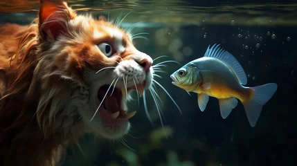 Rolgordijnen Cat underwater hunting fish with its mouth open © Nonna