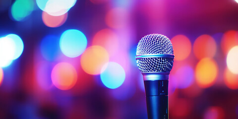 Professional vocal microphone on stage with a bokeh backdrop of concert lights. Karaoke concept. Generative AI