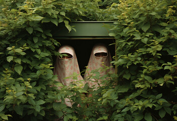 Two Muslim women in full flowery niqab hiding inside a dark room behind a tree bushes and shrubs