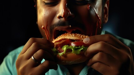 A man is eating a hamburger with a lot of sauce, AI