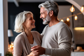 A Caucasian senior white hair couple in causal clothes, husband and wife are dancing while talking in a resort bedroom having fun with joyful memory