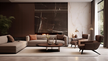 A stately living room with a leather sofa and footrest, and walls decorated with marble.