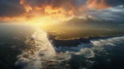 Surreal scene with ocean and mountains with the sun in the sky, ethereal storybook-like island shaped by water, stormy seascape wallpaper