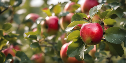 Obraz premium red apple with water drop on organic farm.