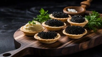 Tartlets with Sturgeon Black caviar on wooden board. Black background. Top view. Copy space