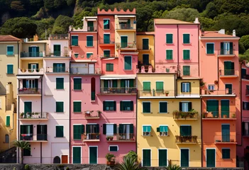 Crédence en verre imprimé Ligurie ligurian houses, every house Is near, Pink houses Yellow houses on mountain hill near coastal region 