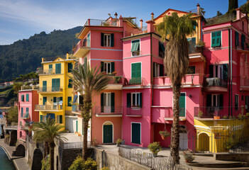 Fototapeta na wymiar ligurian houses, every house Is near, Pink houses Yellow houses on mountain hill near coastal region 