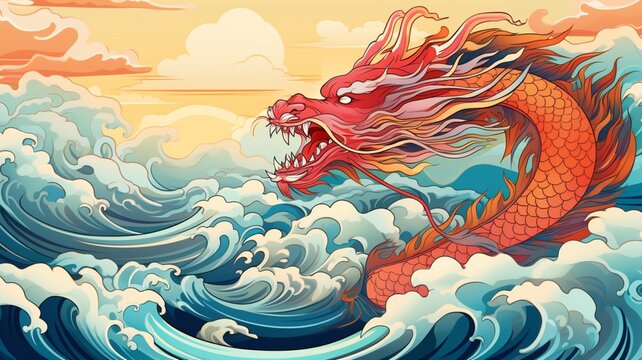 Blue orange dragon animal vector illustration image Ai generated art