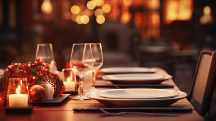 Fototapeta na wymiar Beautiful table setting for Christmas dinner in restaurant, close-up.