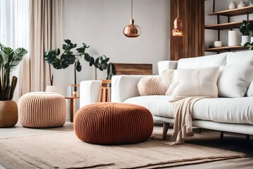 Knitted pouf near white fabric sofa with blanket and terra cotta pillows. Scandinavian, hygge style home interior design of modern living room - obrazy, fototapety, plakaty