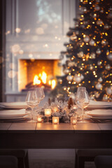 Table setting in front of a fireplace with christmas tree in the background.