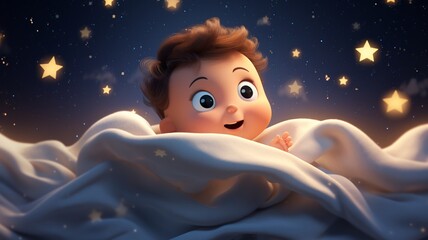 Obraz na płótnie Canvas Cartoon baby cream blanket reaching up night image Ai generated art