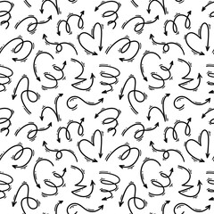 Doodle arrow seamless pattern. Squiggle, scribble, swoosh, swirl drawing. Vector illustration with manga and carton style design elements. Trendy childish background - obrazy, fototapety, plakaty