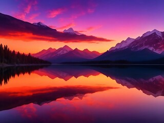 A serene lake reflecting the vibrant hues of a breathtaking sunset, surrounded by silhouetted mountains.