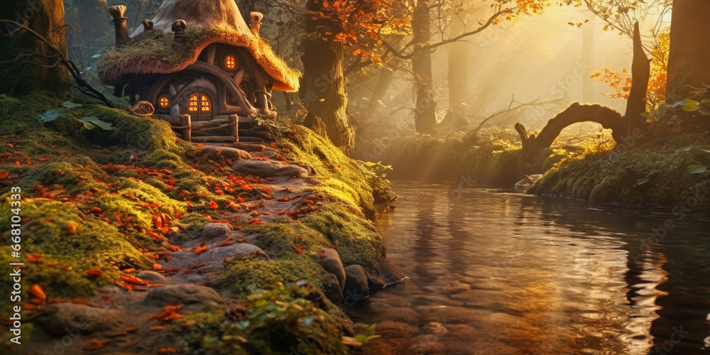 Wall mural a small fairy tale house in dark fantasy autumn forest, miniature woodland cottage made by gnomes an