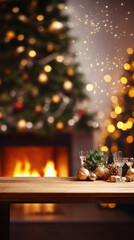 Two glasses of wine on wooden table in front of christmas tree.
