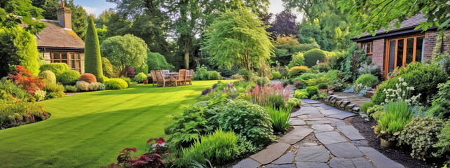 UK garden with naturalistic design yard hard landscaping,  summer retreat house