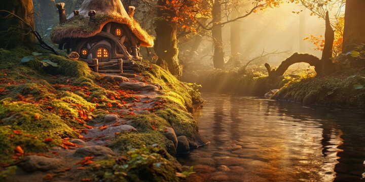 A small fairy tale house in dark fantasy autumn forest, miniature woodland cottage made by gnomes and trolls