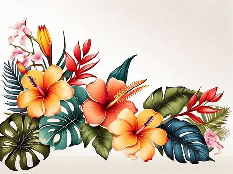 Tropical Flowers on White Background With Some White Space for Copy