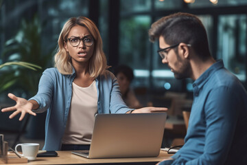 An unhappy woman manager complaining to other teammate in working place  - obrazy, fototapety, plakaty