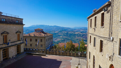 Fototapeta premium San Marino city view. Stone street and old walls in San-Marino, Italy.