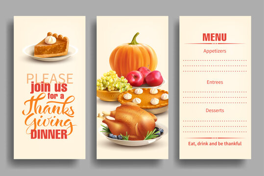 Design template for Thanksgiving dinner invitation cards. Vector set.