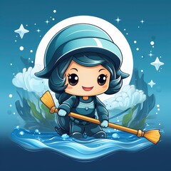 Diver Sweep With Broom Ocean Icon,Cartoon Illustration, For Printing