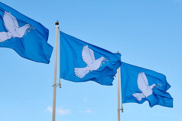 Three blue peace flags in a row printed with a dove with an olive branch in its beak. The dove with...