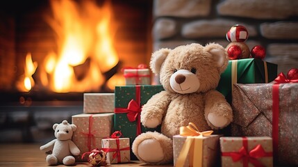 Stuffed brown bear toy in warm and cozy fireplace cottage living room with Christmas decorations, surrounded by wrapped gifts and wonderful presents. Wonderful wholesome joyous Xmas holiday. - obrazy, fototapety, plakaty