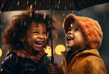 Two cute afro and mix races children playing in rain under umbrella with content and smiling  - obrazy, fototapety, plakaty