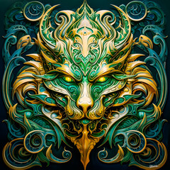 An artwork of a green and gold metal dragon head for chinese year of green dragon