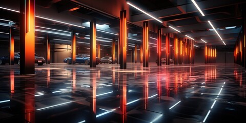 Abstract empty parking interior with concrete pillars and neon lights