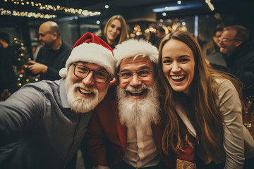Office Christmas party with beautiful employees having fun, manager in santa claus custom take photo with female employee