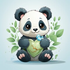 Panda Holding Bamboo Balloon Icon,Cartoon Illustration, For Printing