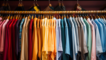 Shirts for sale in a clothing store neatly hanging on hangers