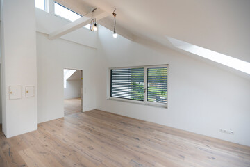 bright, new loft apartment with new parquet floor, without baseboards, skirting boards, modern living
